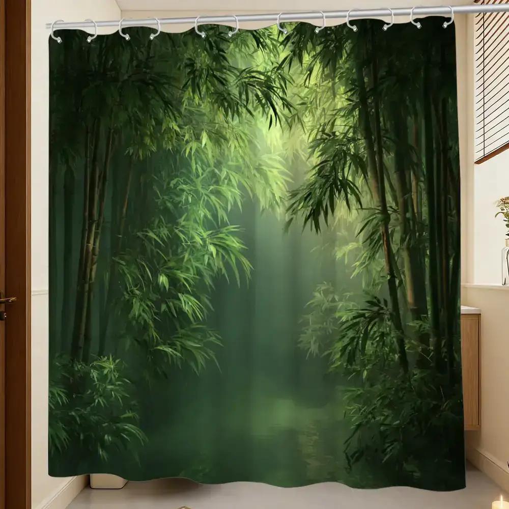 Spa Wellness Nature - Badezimmer-Duschvorhang mit Bambuswald-Druck, 3D-Naturmotiv mit 12